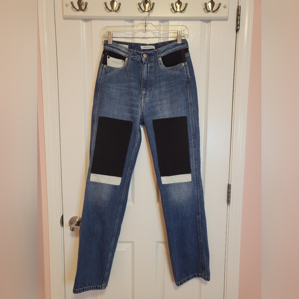 Blue Jeans with Black and White Patches